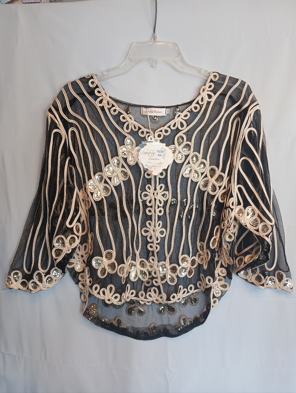 Black & Gold Sheer Sequin Embroidered Bolero Style Top 3X New!
